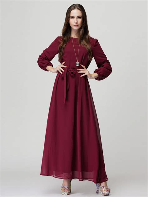 For Us Wine Red Long Sleeve Shift Maxi Dress With Belt