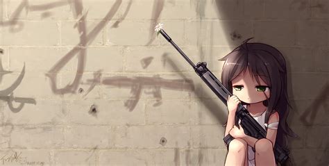 Gun is a weapon that discharges bullets using gunpowder and other forms of pressure at the pull of trigger. original characters, Brunette, Green eyes, Anime girls ...