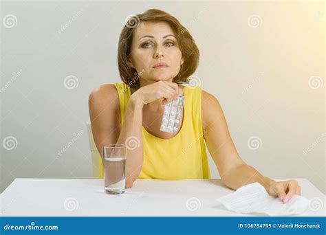 Woman Holding Pills In Her Hand Taking Pills Stock Image Image Of