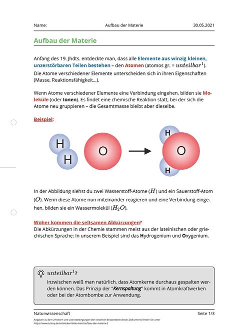 Arbeitsblatt Aufbau Der Materie Naturwissenschaft Tutoryde