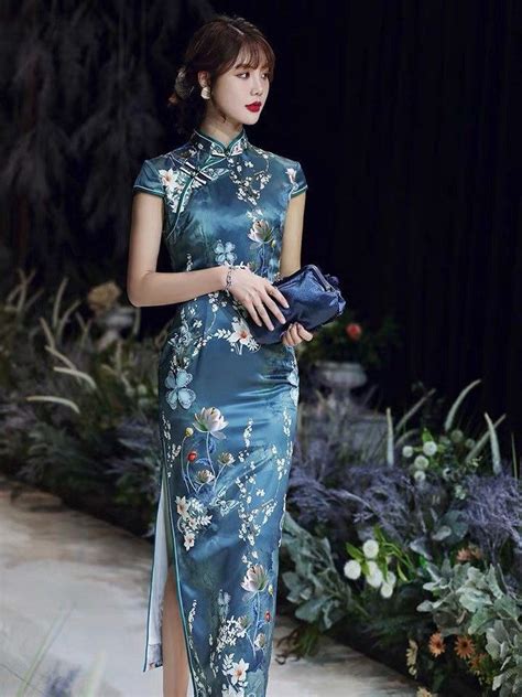 china cheongsam long qipao lake blue color lotus flower etsy traditional asian dress asian