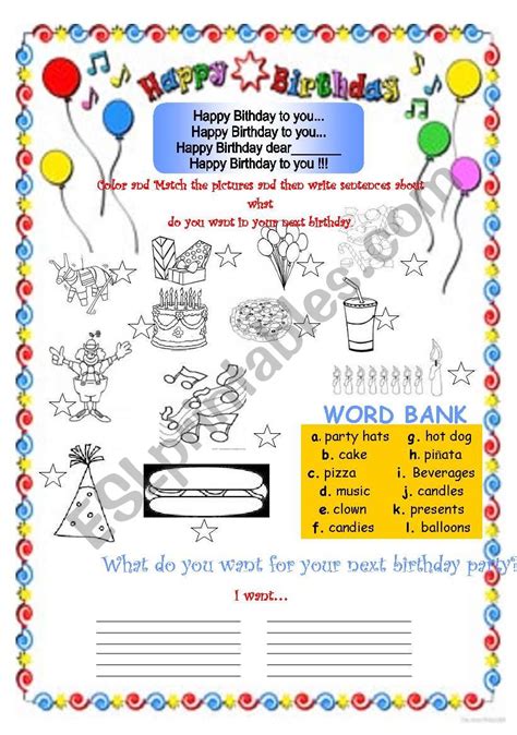 Birthday Party Activity Esl Worksheet By Karen1980