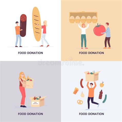 Illustrations Of Concept Food Donation A Set Vector Flat Cards Stock