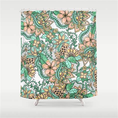 Coral Green Watercolor Hand Drawn Floral Pattern Shower Curtain By