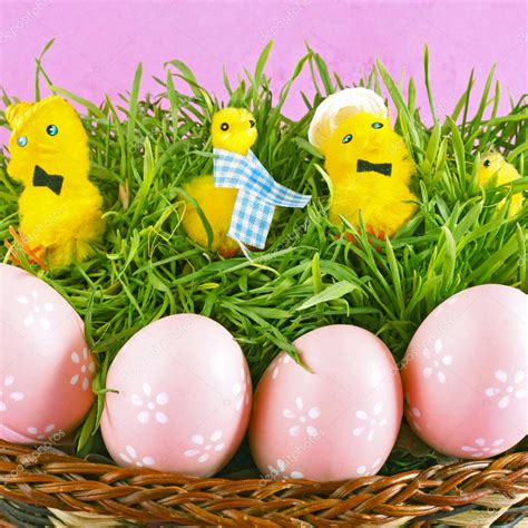 Beautiful Easter Basket With Chicken And Decorated Eggs In