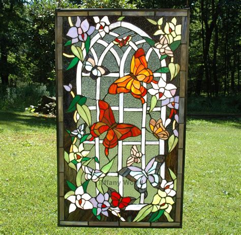 20 X 34 Beautiful Large Stained Glass Window Panel Butterfly Garden Stained Glass Flowers