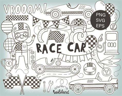 Race Car Doodle Clipart Kids Black And White Clip Art Racing Etsy