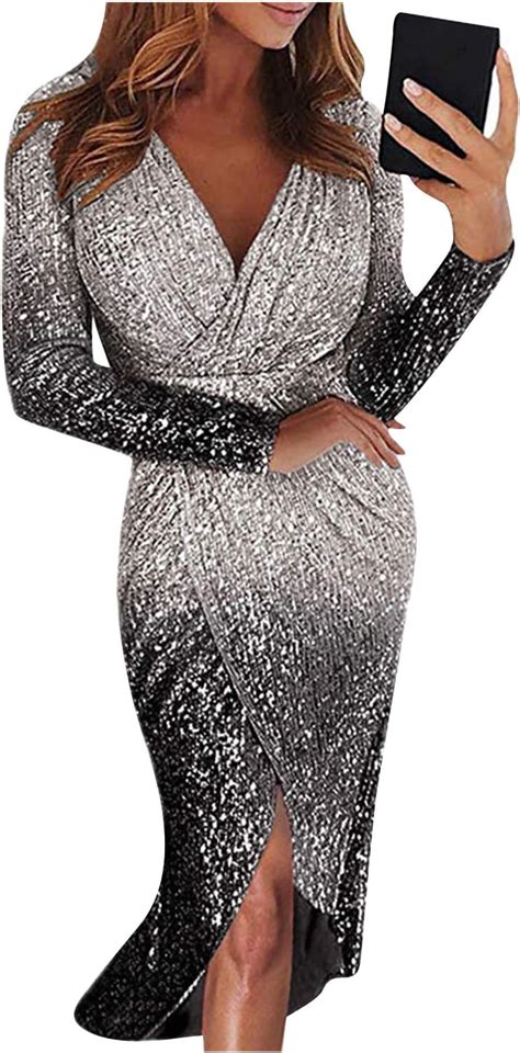 dames bling bling sexy v hals lange mouw potlood jurk bodycon midi jurk asymmetrisch met vintage