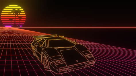 Black Yellow Car Synthwave Retro Wave Moon Palm Trees Vaporwave Hd