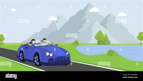 Family road trip flat vector illustration. Cheerful young couple, happy