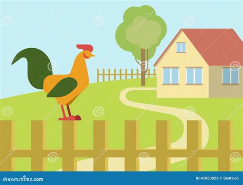 Rooster Farm Fence Flat Design Cartoon Vector Animals Birds