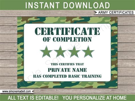 Boot Camp Certificate Of Completion Template Printable Green Etsy