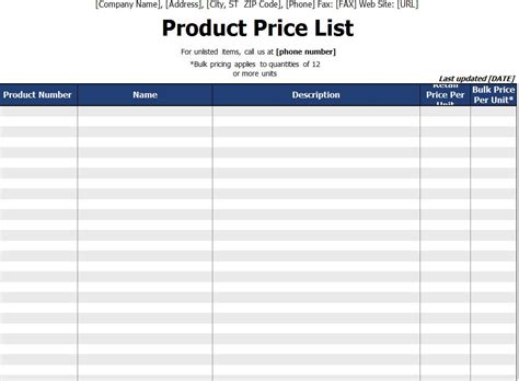 Product Price List Product Price List Template
