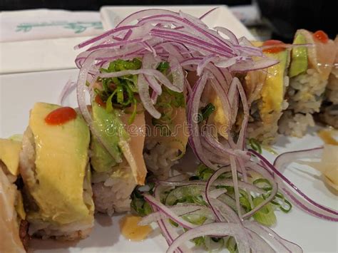 Sushi With Thinly Sliced Red Onions On Top Stock Image Image Of Sushi