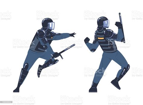 riot police officer and squad member in uniform and helmet with baton fighting vector set stock