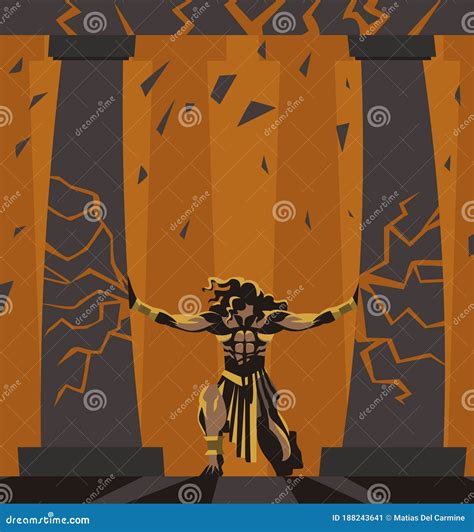 Samson Pushing The Temple Columns Pillars Cartoon Vector