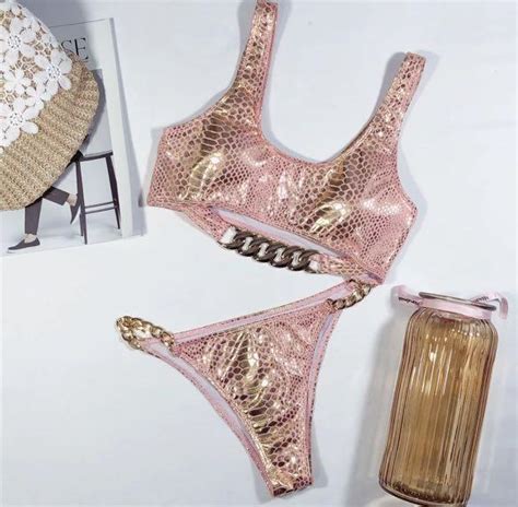 Holographic Pink And Gold Chain Bikini Set Womens Fashion Swimwear