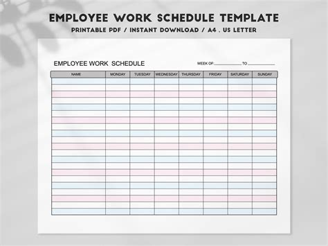 Employee Schedule Template Printable Pdf Weekly Timesheet Etsy