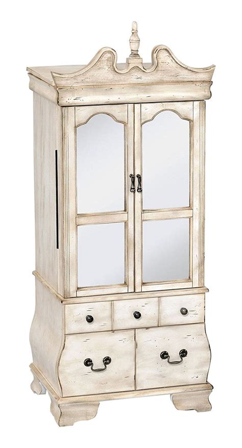 Beautiful Distressed White Antique Large Wall Standing Jewelry Armoire
