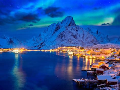 Reine Village At Night Lofoten Islands Norway Stock