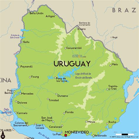 Grande Mapa Físico De Uruguay Con Principales Ciudades Uruguay