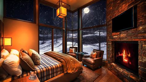 Cozy Bedroom With Big Windows Gentle Snow With Fireplace And Wind