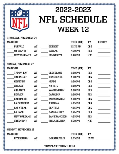 Nfl Week 12 Printable Schedule Web All Scheduled Nfl Games Played In