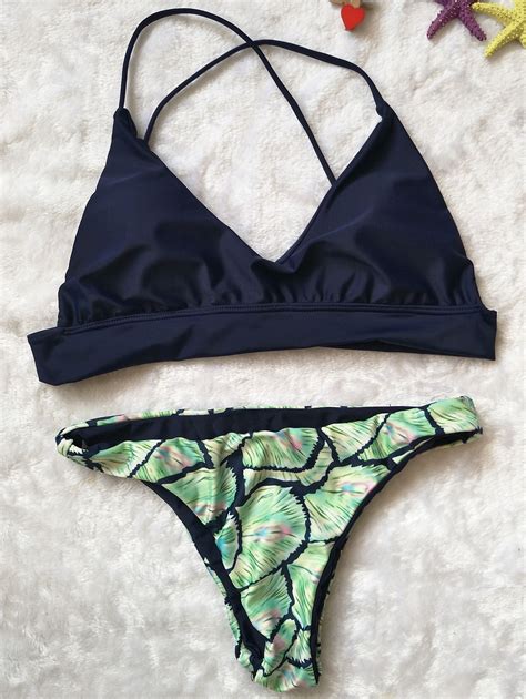 Green Print Spaghetti Strap Bikini Set Push Up Bikini Bikini Set Bikini Tops Thong Bikini