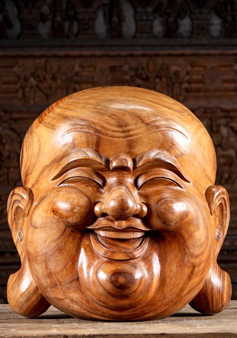 Sold Large Wooden Carving Of The Face Of Fat And Happy Buddha Wall