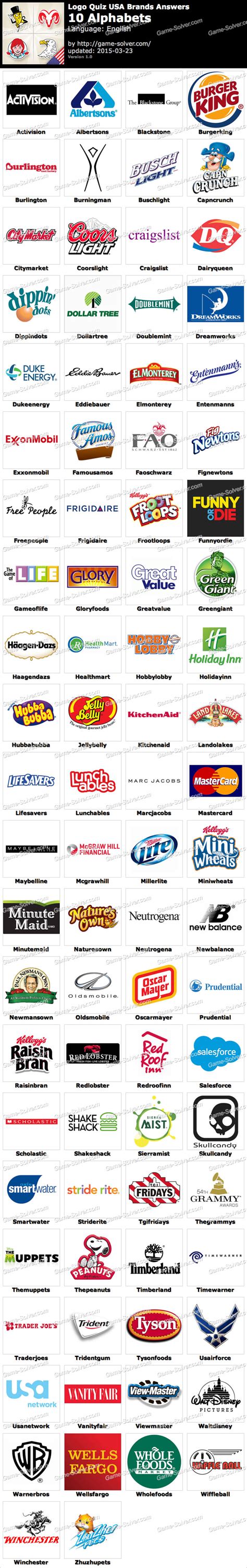 Game available on iphone, ipod, ipad, kindle and android. Logo Quiz USA Brands 10 Alphabets - Game Solver