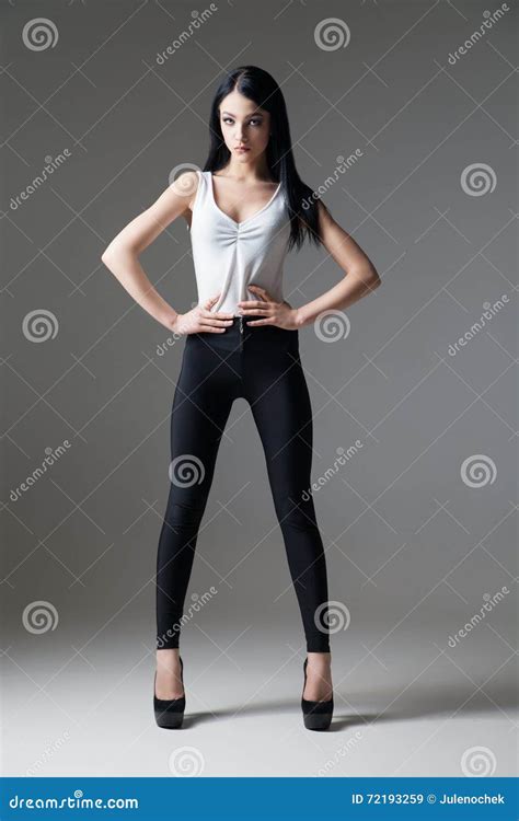 Slim Black Haired Woman Posing On High Heels Stock Image Image Of