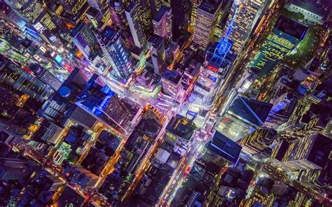 Aerial View Cityscape Lights Night New York City Times Square