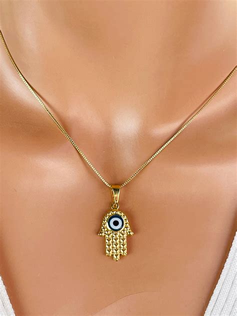 Hamsa Evil Eye Necklace Kt Gold Filled Hand Of Fatima Blye Etsy