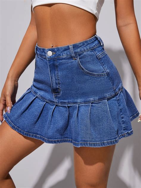 Shein Ruffle Hem Slant Pocket Denim Skirt In 2023 Denim Skirt Outfits Denim Skirt Fashion