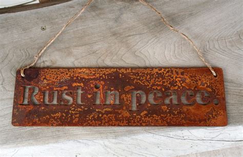 Rust In Peace Rustic Hanging Metal Sign Rusty Garden Sign Etsy