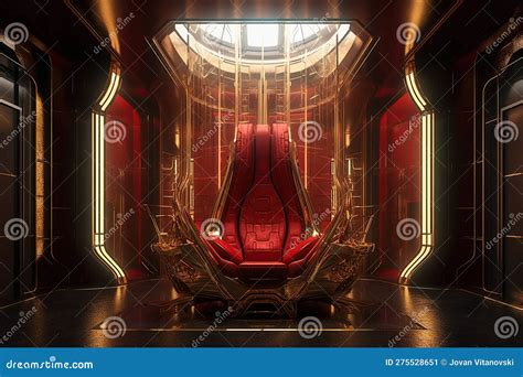 Royal Throne Room In Red And Gold Color In Futuristic Style Ai
