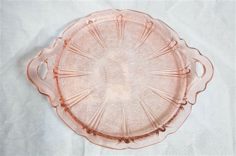 Pink Depression Jeannette Glass Cherry Blossom Cake Plate Dish With