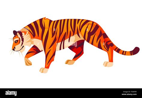 Adult Big Red Tiger Stand On Ground Wildlife And Fauna Theme Cartoon