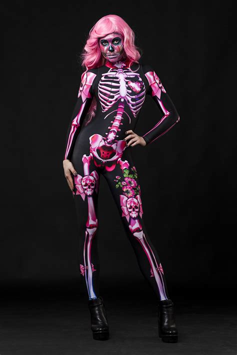 Halloween Pink Skeleton Full Body Jumpsuit Catsuit Costume For Women