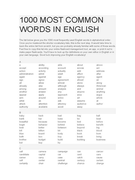 1000 Most Common Words In English Employment Elections