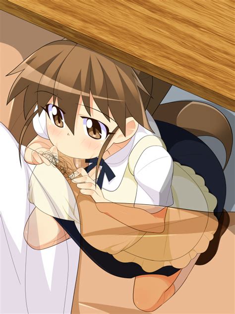 rule 34 apron black skirt blush bow breasts brown eyes brown hair circle skirt clothed female