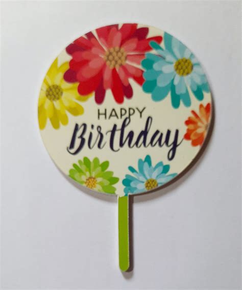 Happy Birthday White Round Shape Acrylic Cake Topperbeautiful Flower