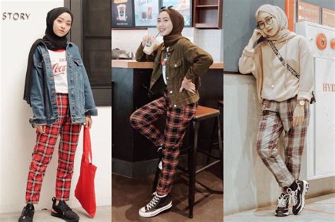 Tampil Kece Dengan Tren Fashion Hijab 2019 Memadukan Celana Kotak Kotak
