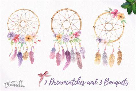 Dreamcatchers Watercolour Clipart Set Feathers Boho Florals Bohemian By