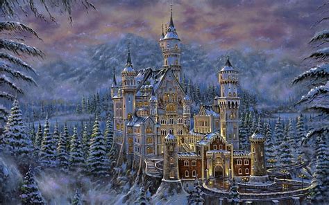 Winter Castle Pretty Colorful Bonito Magic Mystic Lights Cold