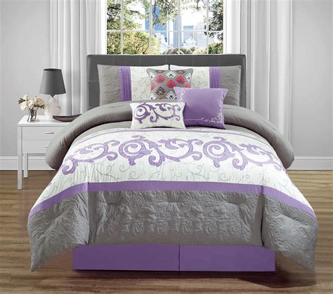 Wpm 7 Pieces Complete Bedding Ensemble Beige Lavender Purple Grey Luxury Embroidery Comforter