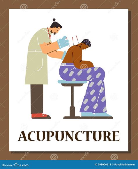 Acupuncture Treatment Vector Poster, Acupuncturist Inserts Needles into