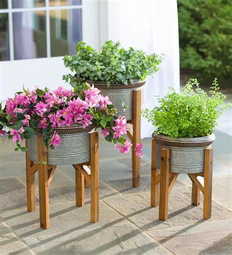 Galvanized Metal Planters With Wooden Stands Set Of 3 Plants