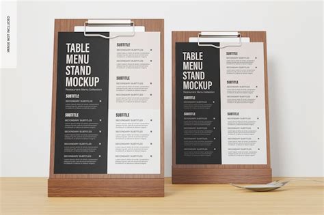 Premium Psd Table Menus Stand On Wooden Background Mockup Front View