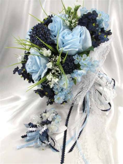 Af pink and navy blue corsage 25. Beautiful shades of large baby blue silk roses, navy blue ...